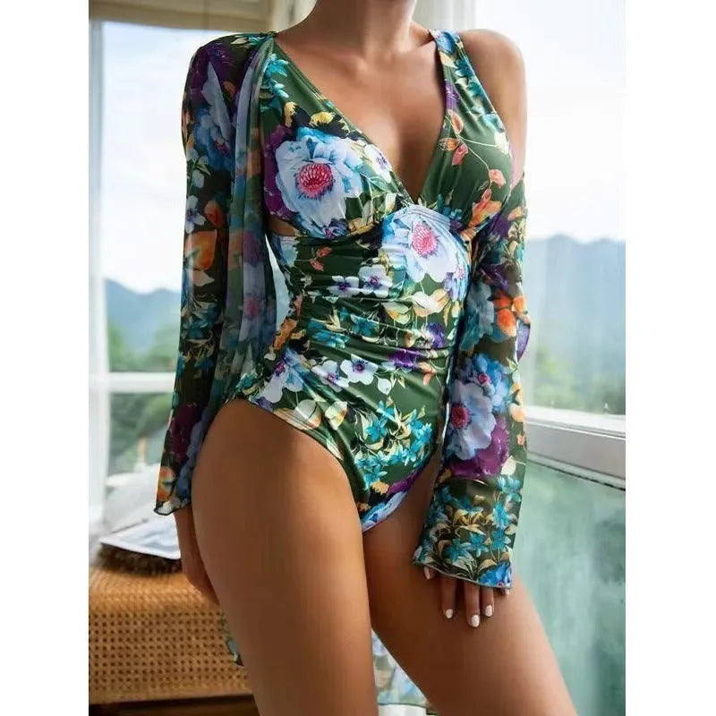 Women's floral tight bikini three-piece suit with coat in polyester fabric