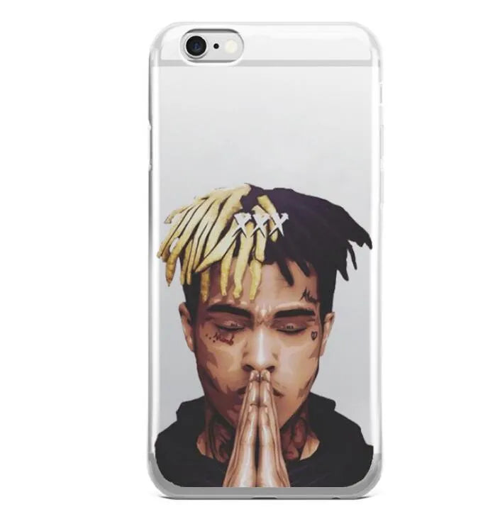 Half-wrapped transparent iPhone case with XXTentacion artwork design showing matte finish texture