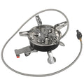 Silver foldable stainless steel split camping stove with a hose, shown with dimensions 155mm by 125mm.