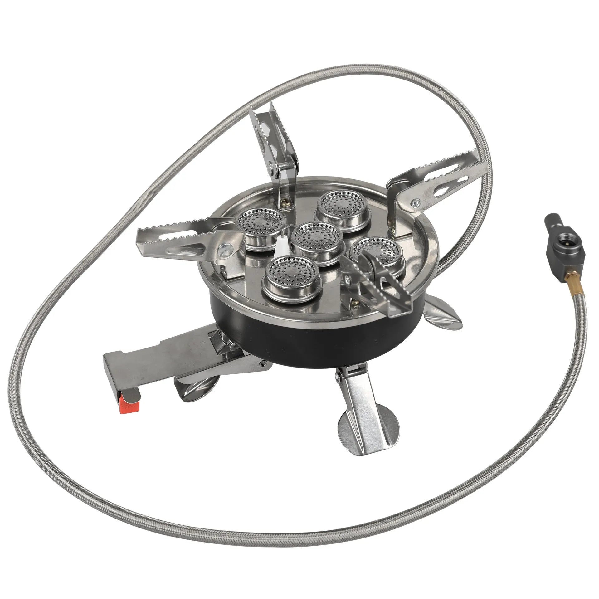 Silver foldable stainless steel split camping stove with a hose, shown with dimensions 155mm by 125mm.