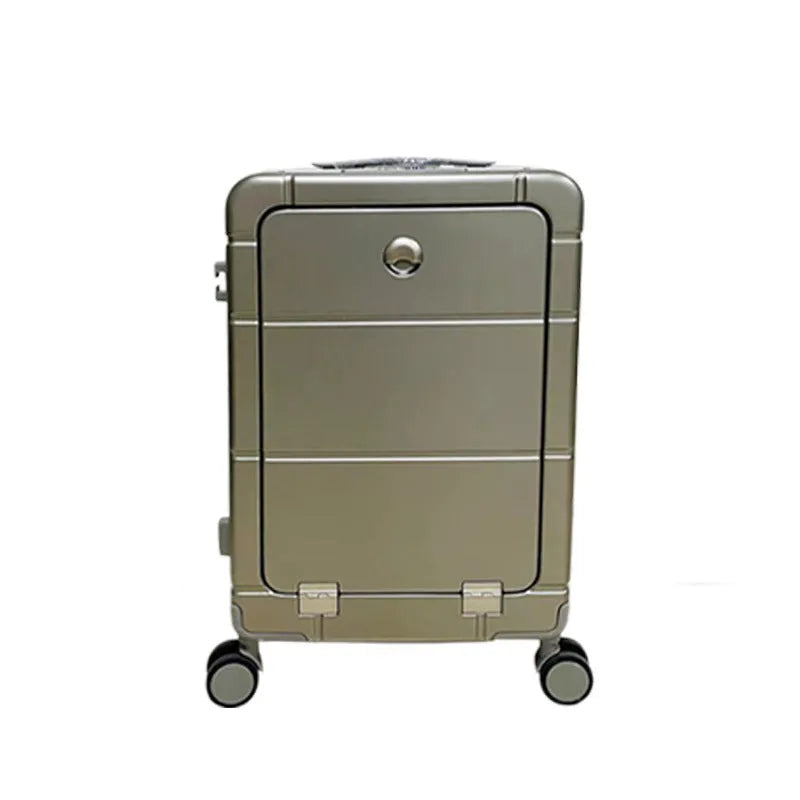 20 inch front opening suitcase with dry wet separation, ABS PC hardshell, cup holder and universal wheels in black