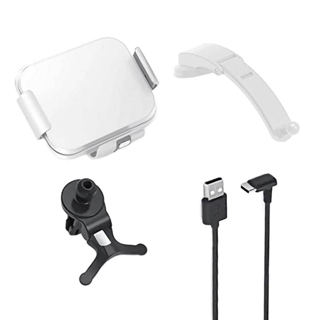 Grey and white car wireless charging phone bracket with folding screen, air vent clip, and suction cup mount.