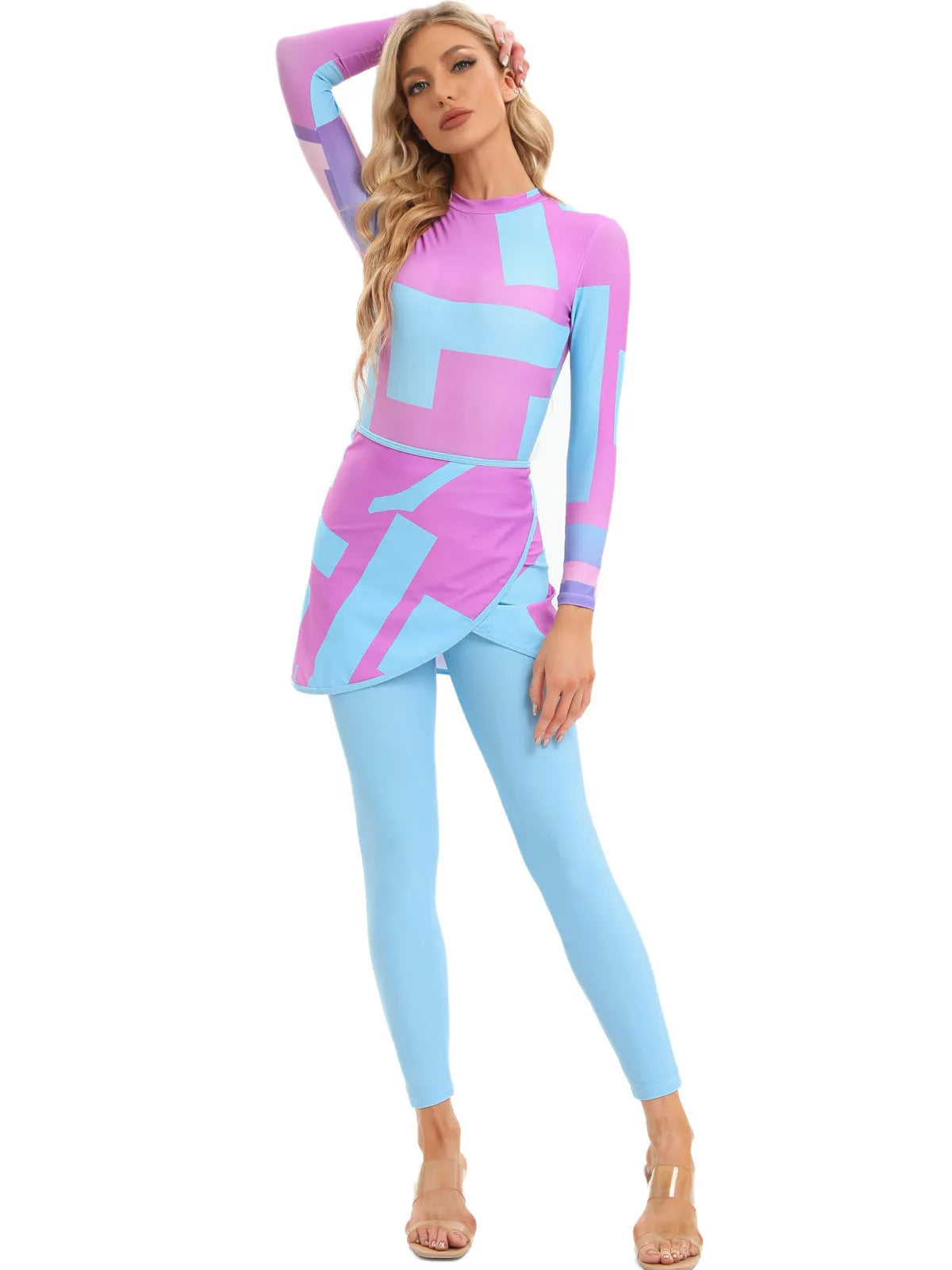 Conservative Muslim swimsuit three-piece set with apron in Sapphire, Letter, or Foam colour.