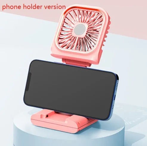 Hands-free wearable neck fan with dual fans and USB charging cable in multiple colours.