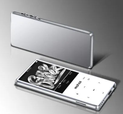 Black portable MP3 player with 2.4 inch touchscreen displaying music playback interface