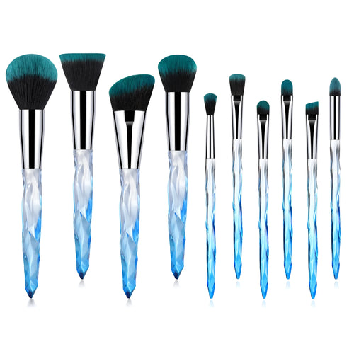 10 foundation brushes with crystal diamond handles in four colours: black, blue, red, and yellow