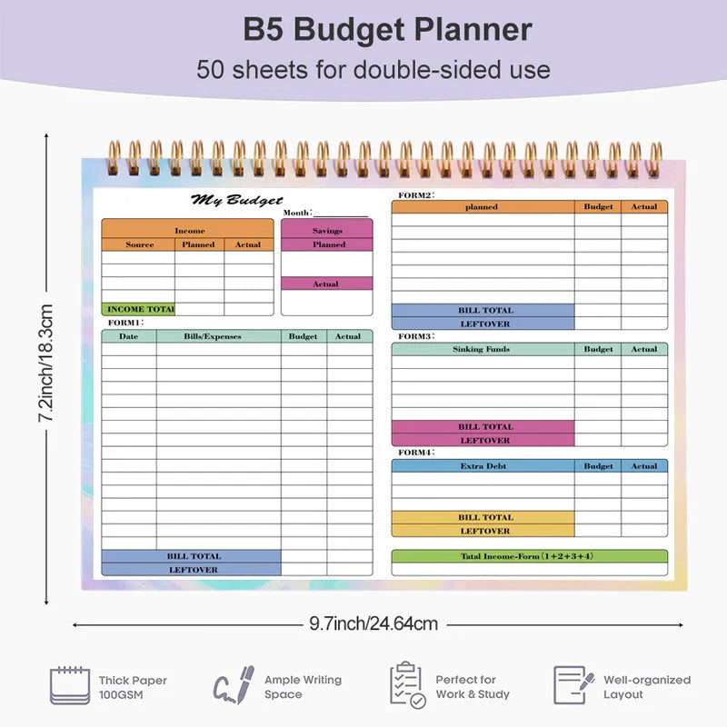 B5 spiral-bound budget notebook with a blue PP plastic cover, open to show lined pages for income and expenditure tracking.