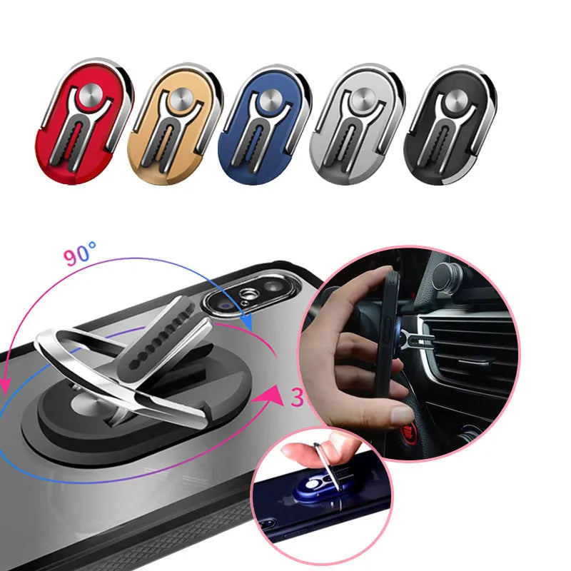 Universal car mobile phone bracket with ring holder in multiple colour options on a car dashboard.