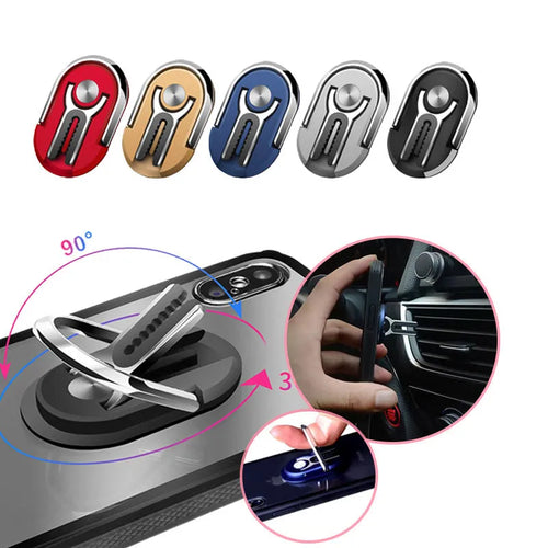 Universal car mobile phone bracket with ring holder in multiple colour options on a car dashboard.