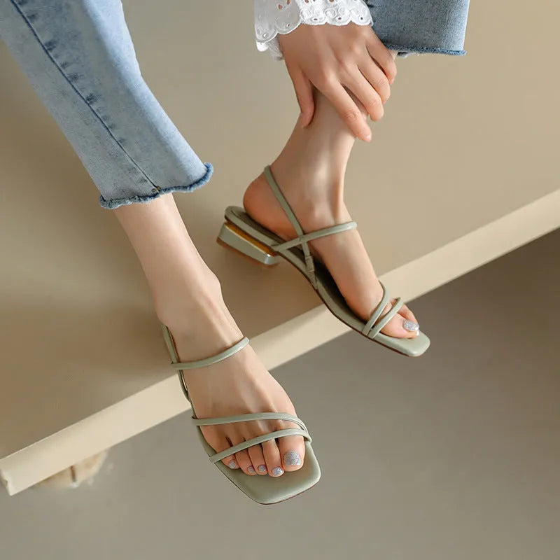 Women's beige flat strap Roman sandals with an open toe and square toe bracket on a white background.