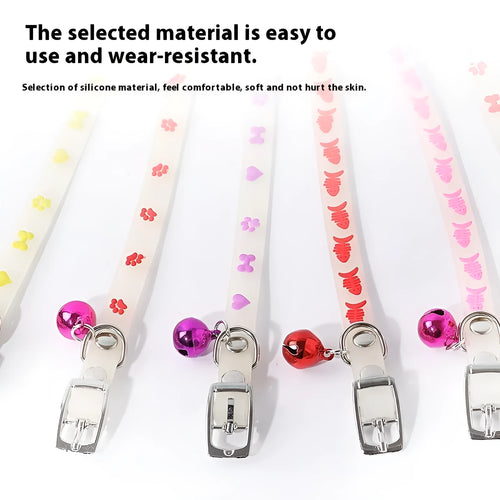 Cat wearing luminous collar with metal bell and adjustable 29cm silicone rope