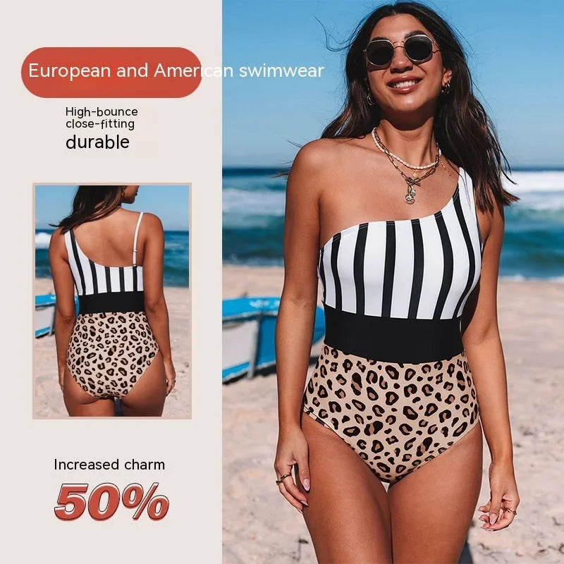 Women's leopard print one-piece swimsuit with asymmetric collar and high-waisted triangle brief