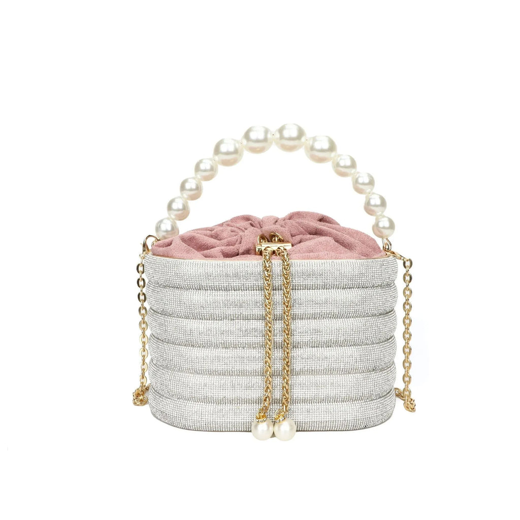 Women's retro style crossbody handbag with beaded pearl details on soft PU leather in a choice of colours.
