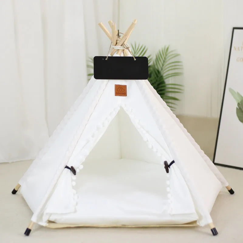 White flax and linen pet teepee tent with striped cushion inside, for small dogs or cats.