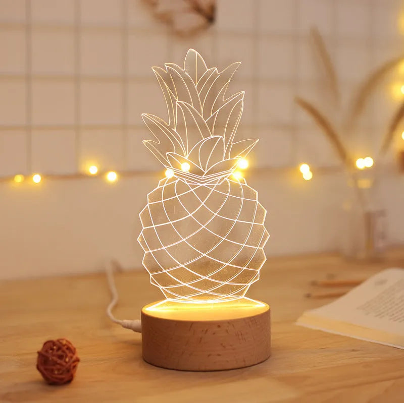 Cartoon pineapple table lamp with wood and acrylic construction on bedside table