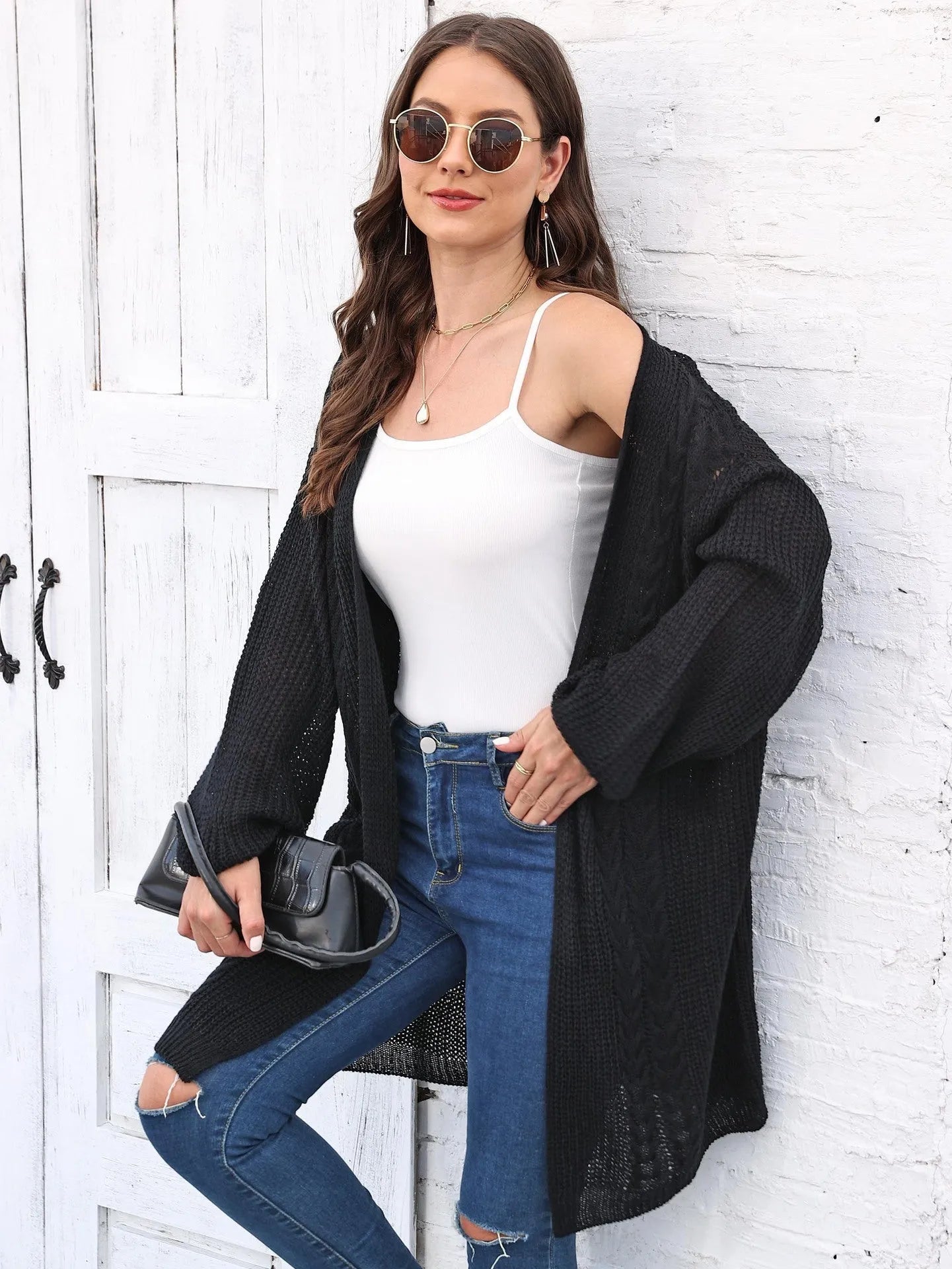Women's loose acrylic cardigan in free size, shown in solid colour options including army green, black, brown, light grey, and rose red.
