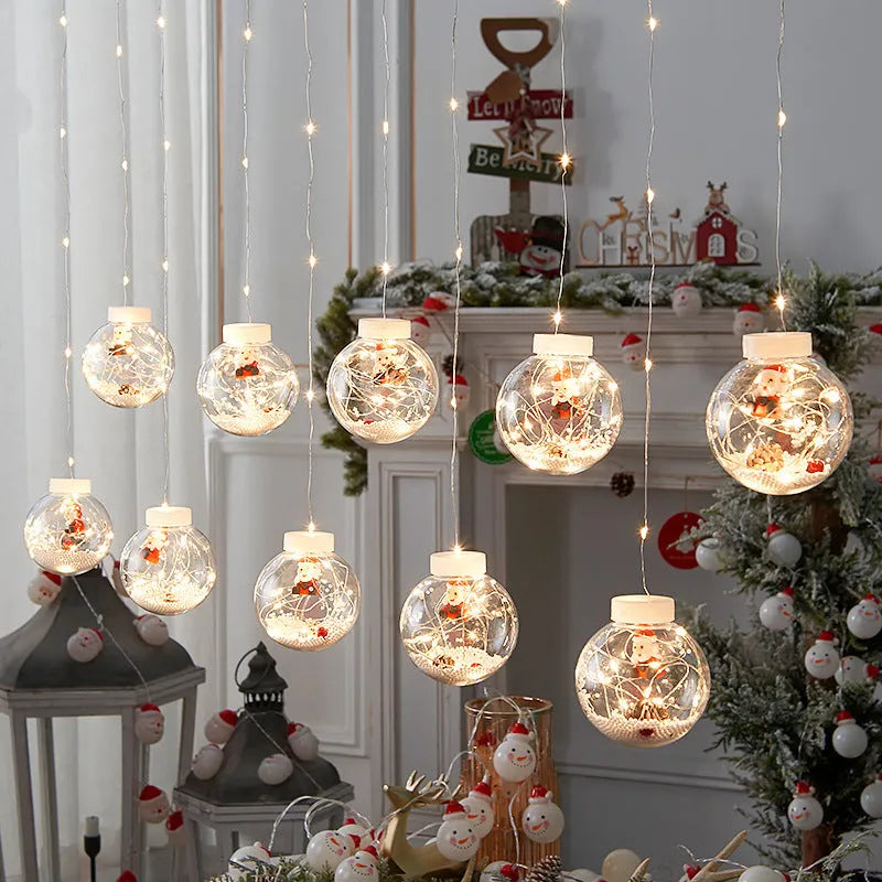 LED Christmas curtain lamp string with 10 fairy snowman wishing ball PVC decorations