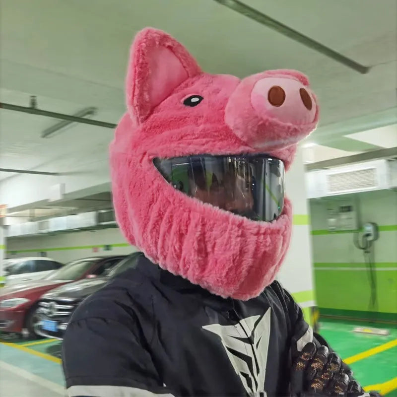 Pinkpig cartoon design plush helmet protective hood covering a motorcycle helmet