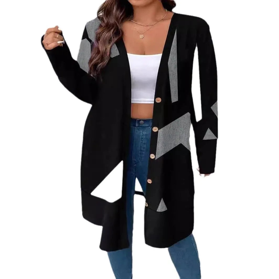 Black loose fit plus size casual cardigan with button details on a hanger.