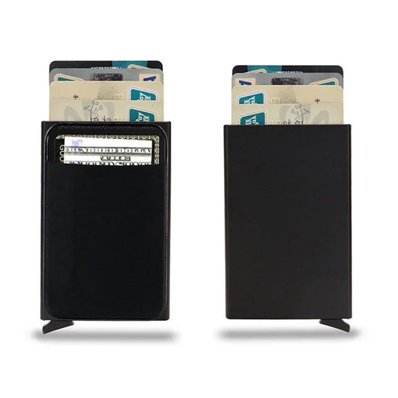 Slim aluminium metal credit card holder wallet with frosted finish shown in multiple colour options.