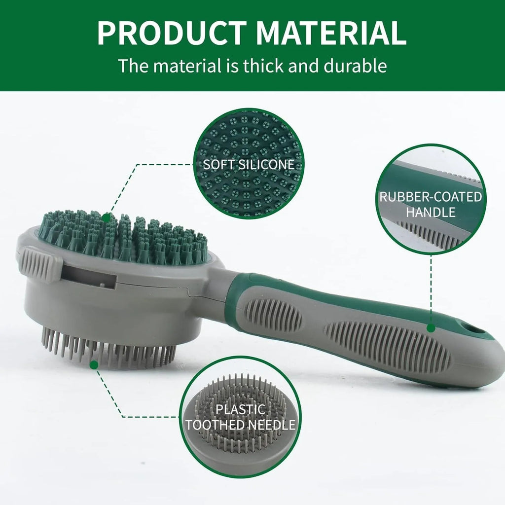 Green and pink 2-in-1 silicone cat brush showing slicker brush side and octopus-teethed massager side