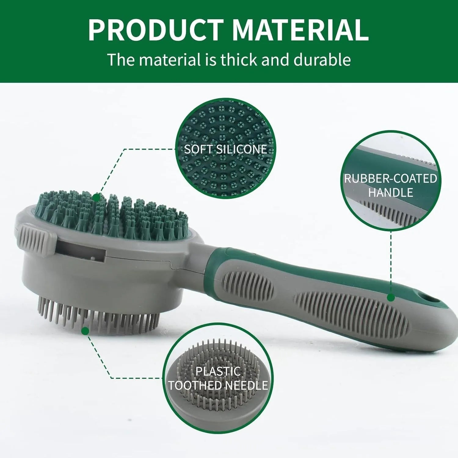 Green and pink 2-in-1 silicone cat brush showing slicker brush side and octopus-teethed massager side