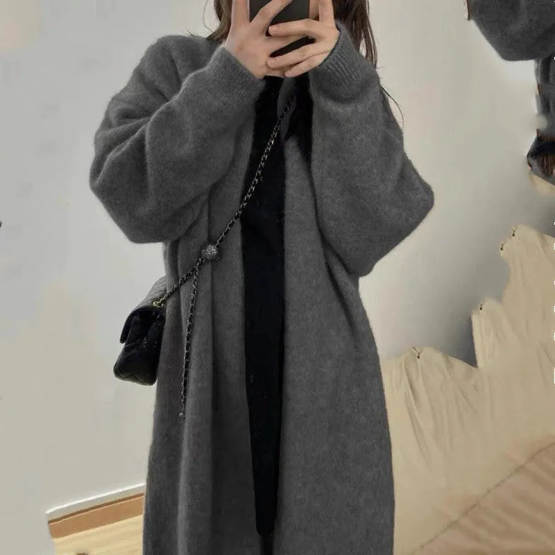 Loose fit dark grey knitted cardigan for women with thick Chenille fabric and long sleeves.