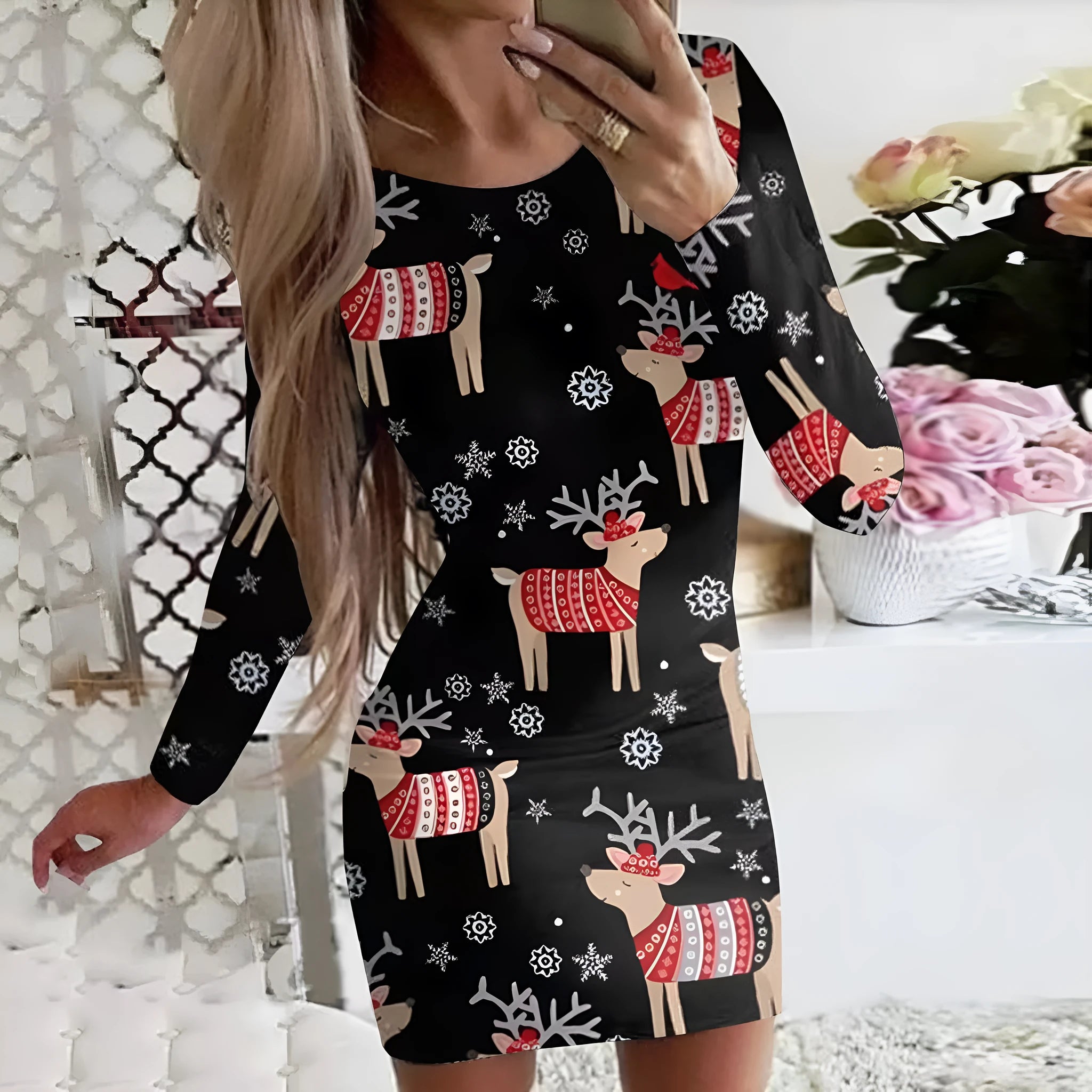 Women's tight-fitting Christmas dress with floral animal print, round neck, long sleeves, and a short hip skirt.