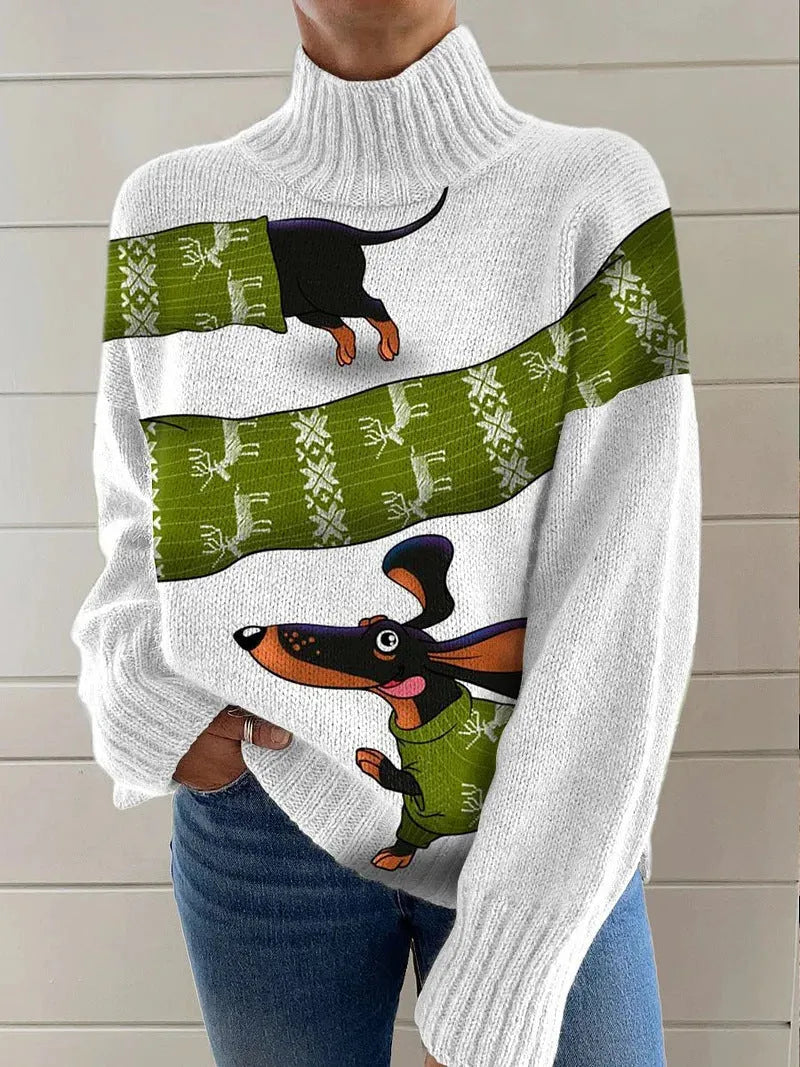 Women's Christmas printed turtleneck sweater with painting pattern in macaron colours, loose casual style