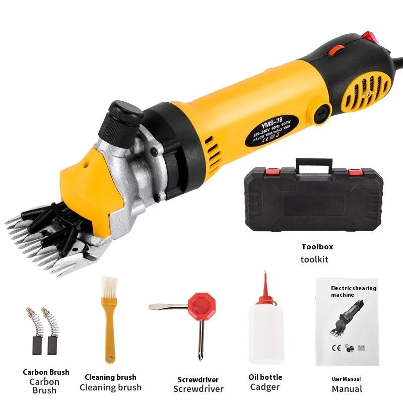 Yellow electric wool shears with 13-tooth comb and set of accessory combs and tools on a table.