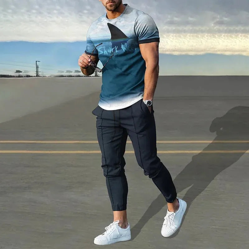 Men's short-sleeved pullover and trouser set in chemical fibre blend fabric for sports