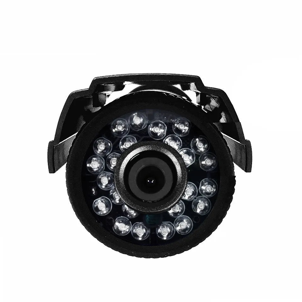 Black AHD HD waterproof outdoor security camera with infrared LEDs and fixed lens.
