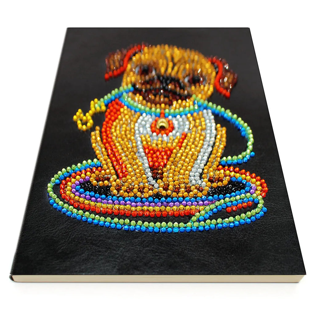 Black A5 diamond painting notebook with 50 pages, dimensions 142mm by 207mm.