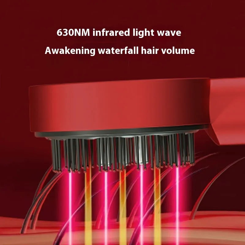Black handheld LED light massage hair comb with red and blue lights, Type-C charging port visible.