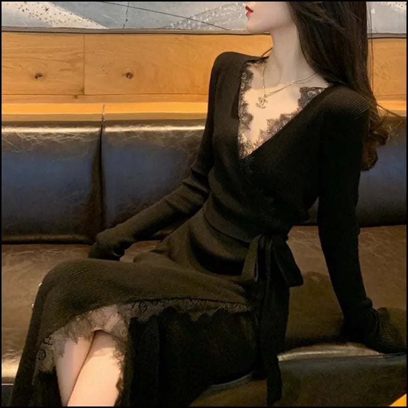 Black slim fit woolen skirt with princess dress styling on dress form
