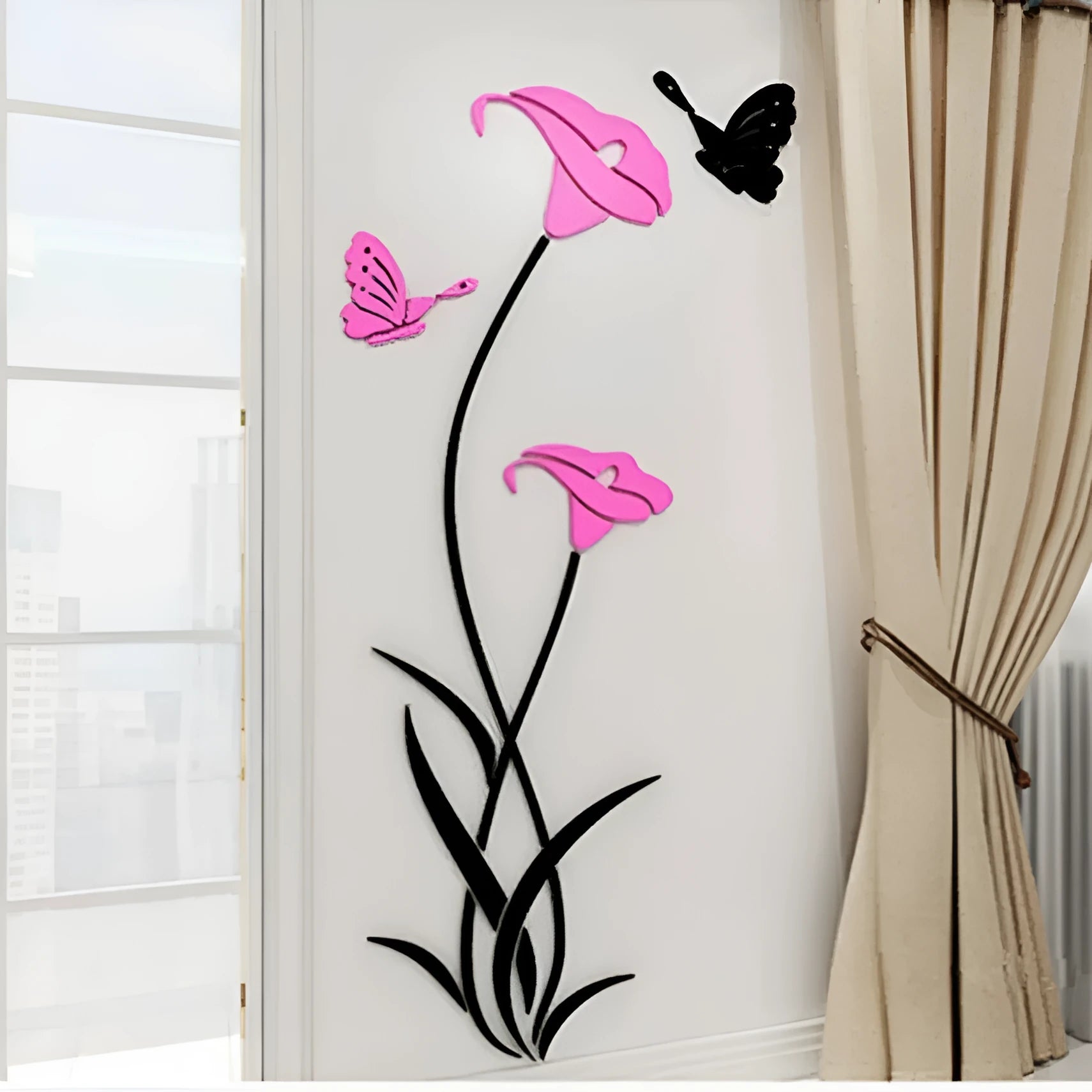Lily flower 3D acrylic wall sticker in pink colour with dimensional stereo design