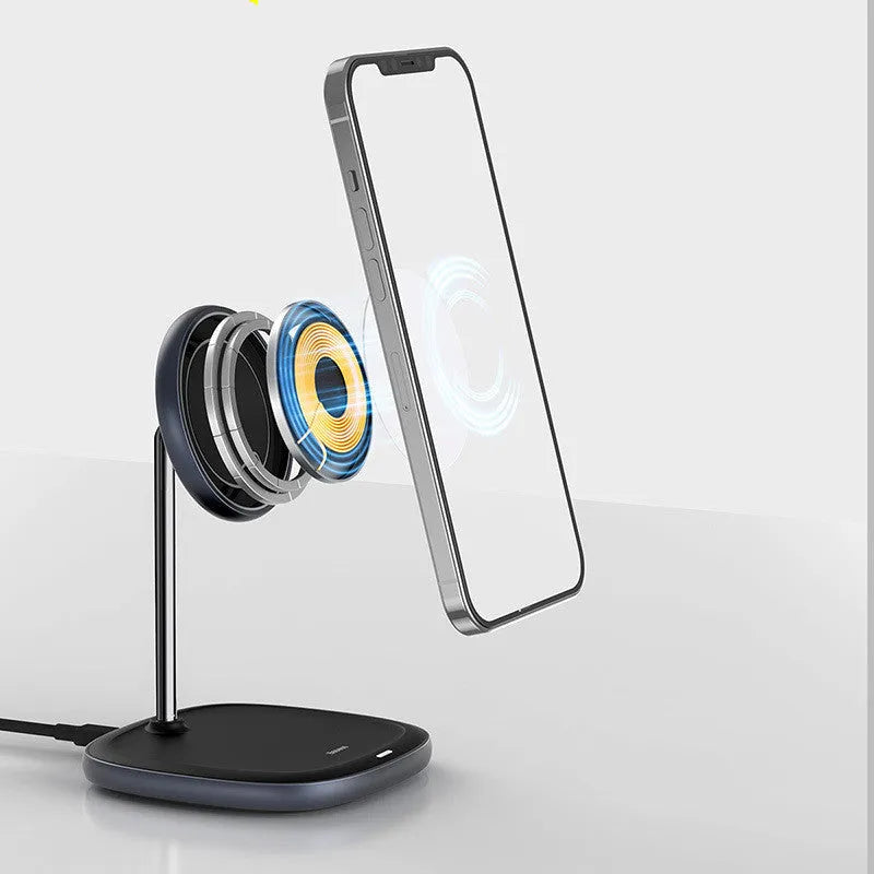 Black and white magnetic wireless charger stand for iPhone 12 with stainless iron base and Type-C cable