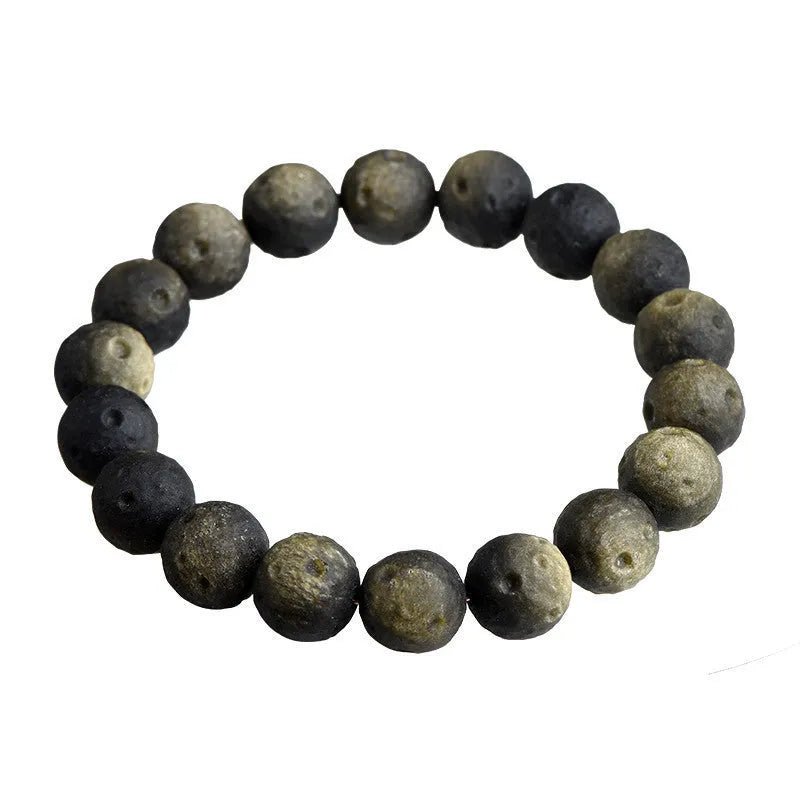Natural crater ball bracelet featuring gold obsidian and silver stone meteorite beads in various sizes from 9mm to 16mm