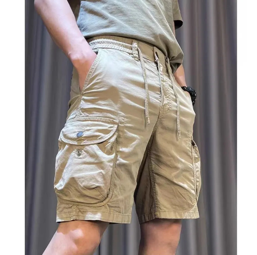 Korean style loose straight overalls pants with multiple pockets in micro-elastic polyester fabric.