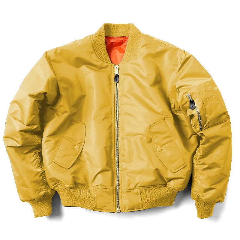 Men's loose fit pilot jacket in army green, showing cotton padding and double-sided nylon construction.