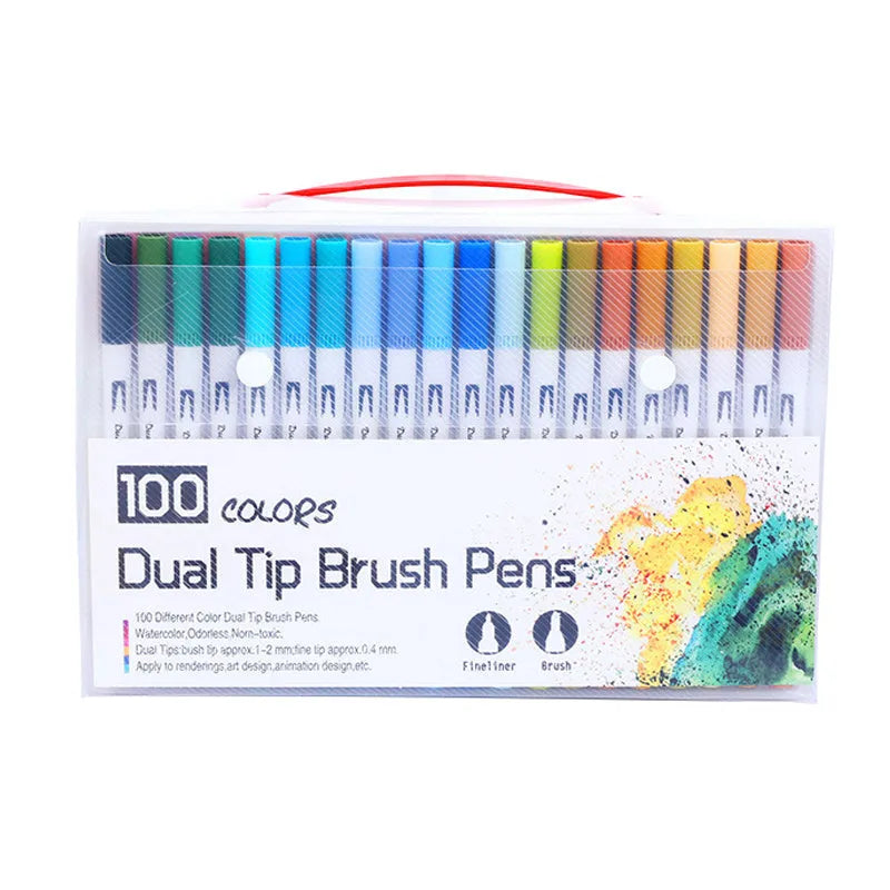 Set of watercolour pens in various colours arranged in a case, showing plastic barrels and fine tips.