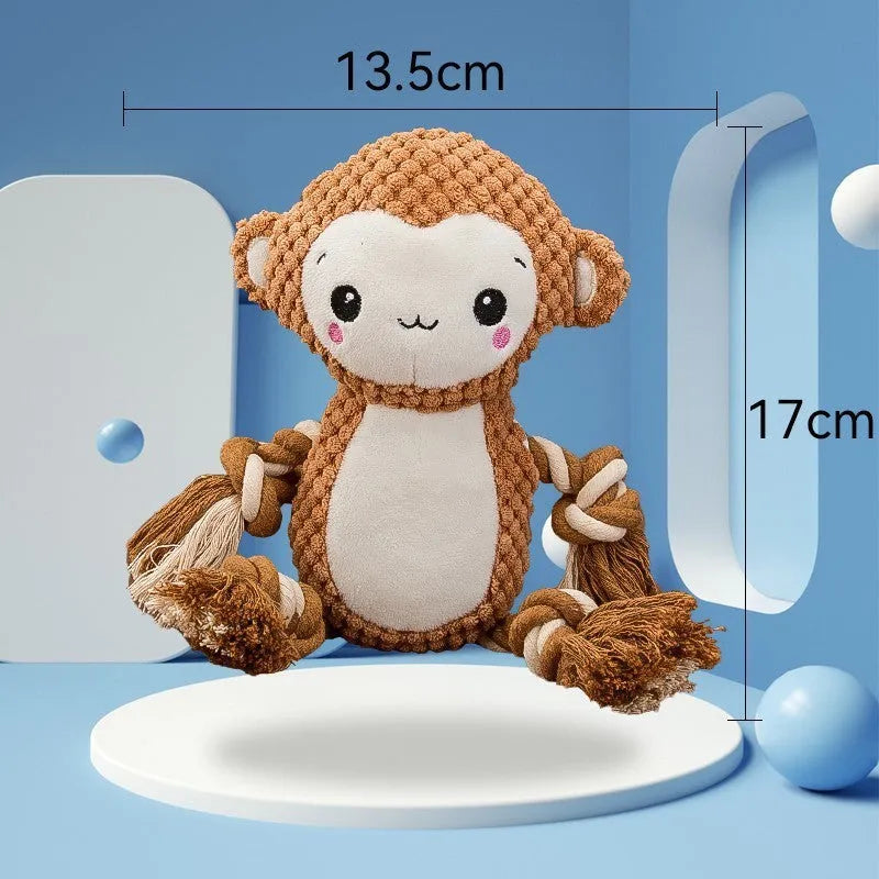 Lion and monkey plush squeaky dog toys showing size difference, with measurement indicators