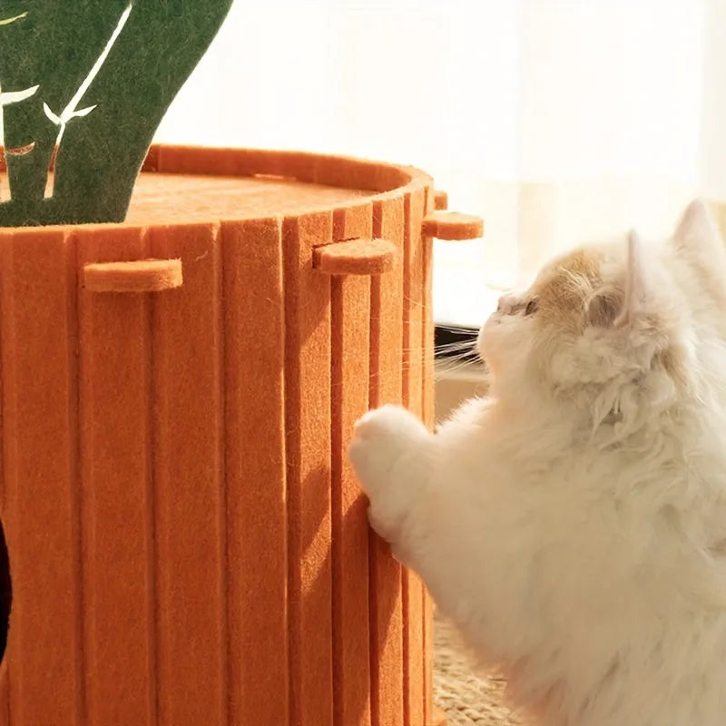 Carrot-shaped felt cat tunnel nest in semi-enclosed design showing M and L size options