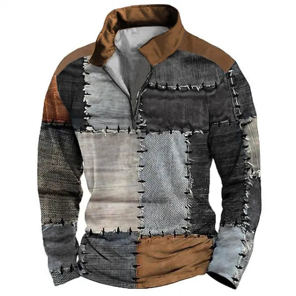 Men's loose-fit long-sleeved t-shirt with retro colour printing and a zip decoration detail.