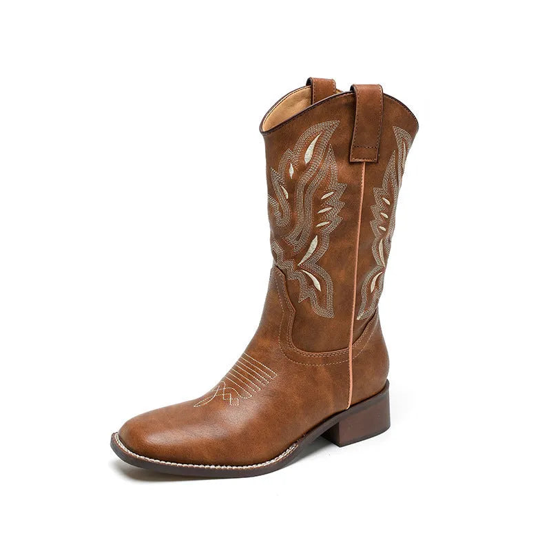 Brown women's mid-calf embroidered Martin boots with leather lining and decorative totem patterns