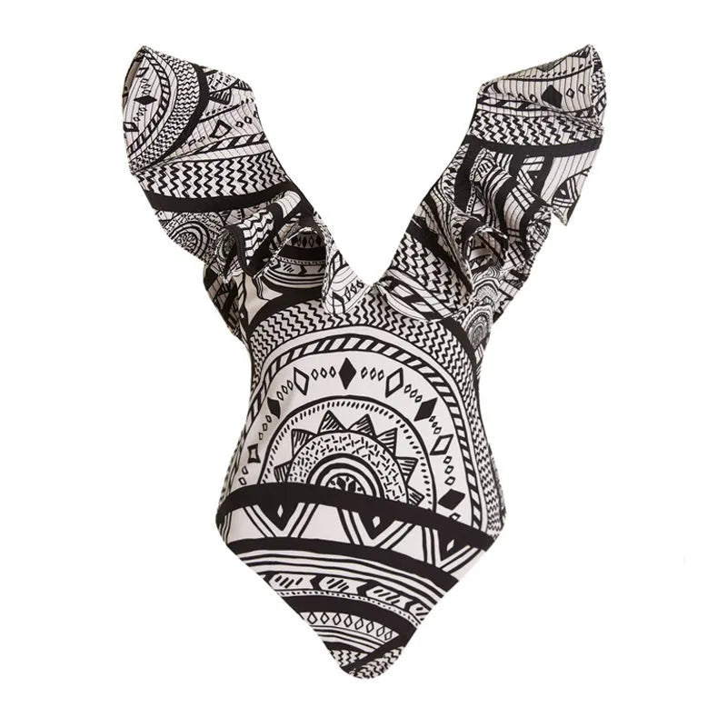 Vintage printed deep V-neck one-piece swimsuit for women with ruffle trim and matching wrap skirt.