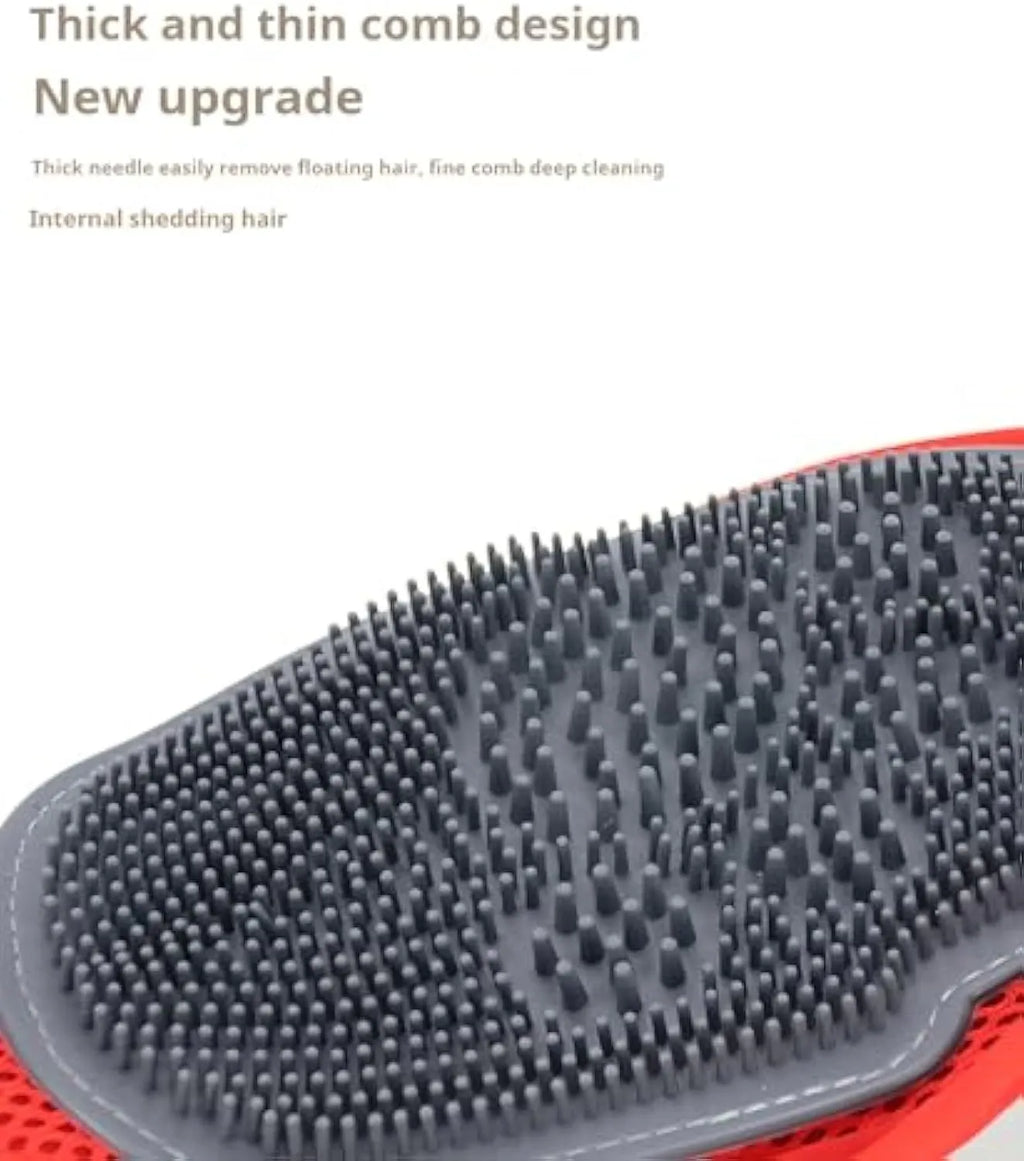 Red pet bathing and grooming glove combining a brush and mitt, shown on a hand.