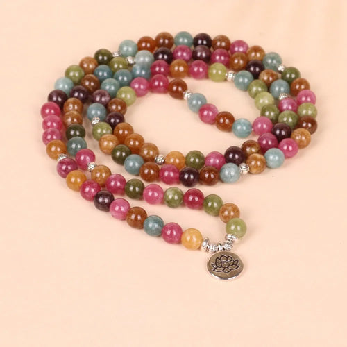 108-bead hanging bracelet in tourmaline colour with alloy beads and multi-layer lotus string design