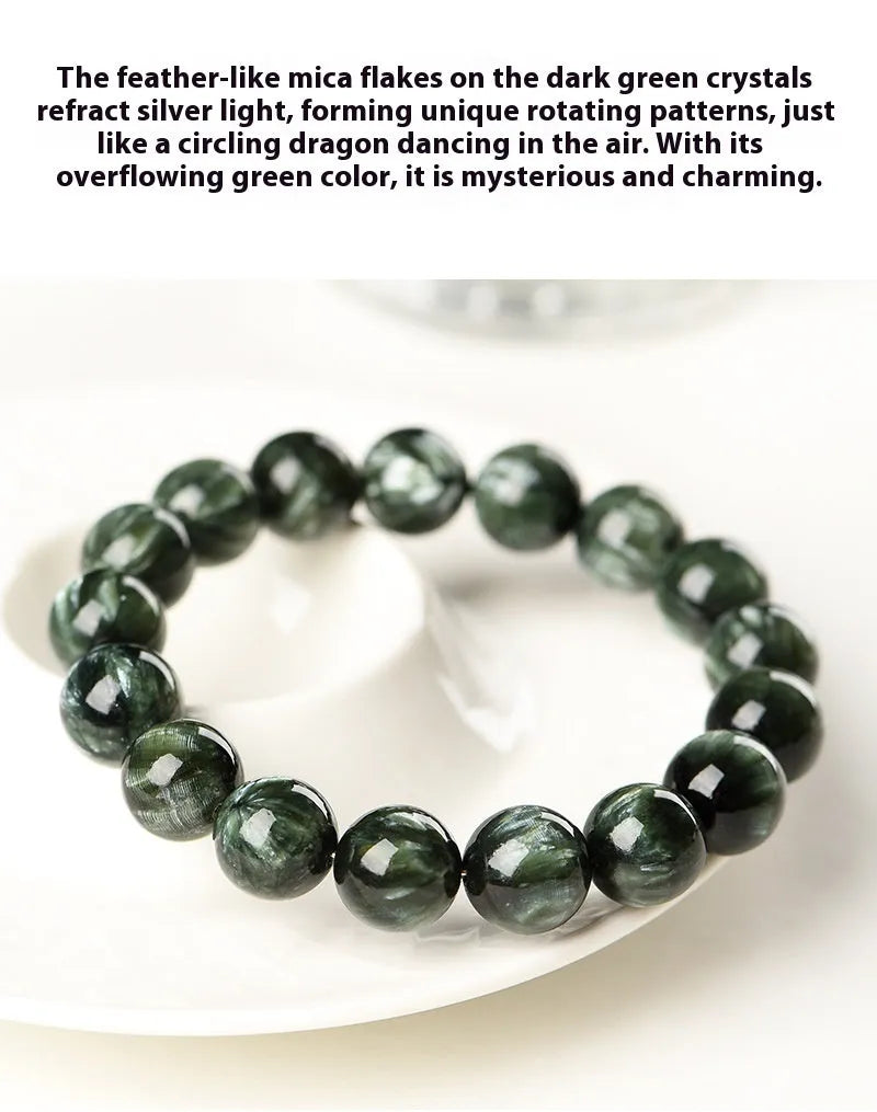 Natural green dragon crystal bracelet with 8-9mm round beads and ruyi geometric design