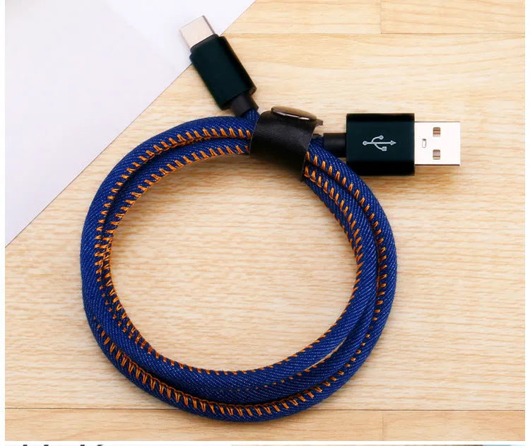 Denim braided USB Type-C cable with aluminium connectors in black, blue, or red, showing length options.